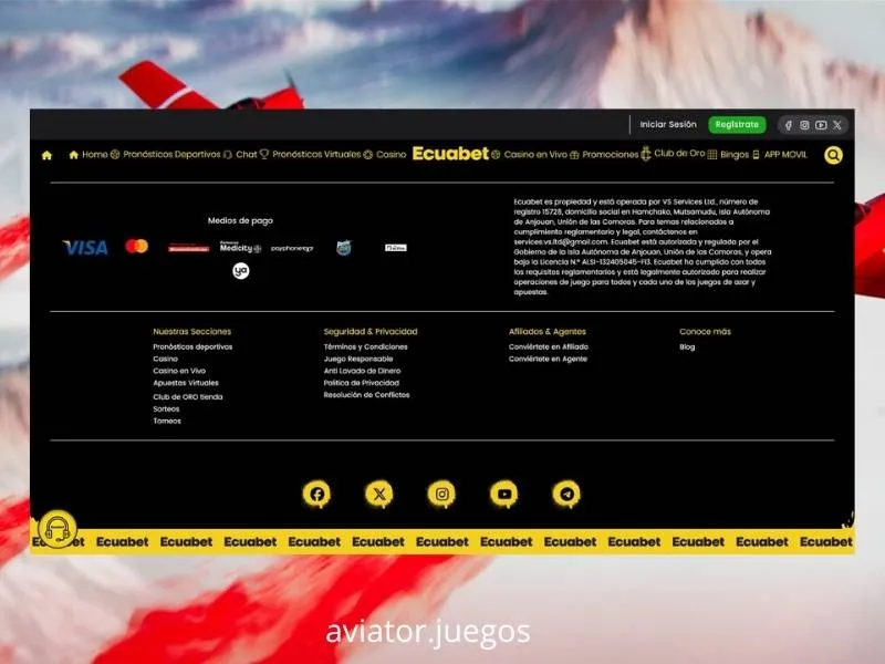 Imagem do jogo «crash» Aviator integrado na plataforma Ecuabet, regulamentada por Anjouan
