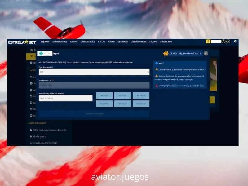 Imagem do jogo «crash» Aviator integrado na plataforma Estrela Bet, regulamentada pela SIGAP