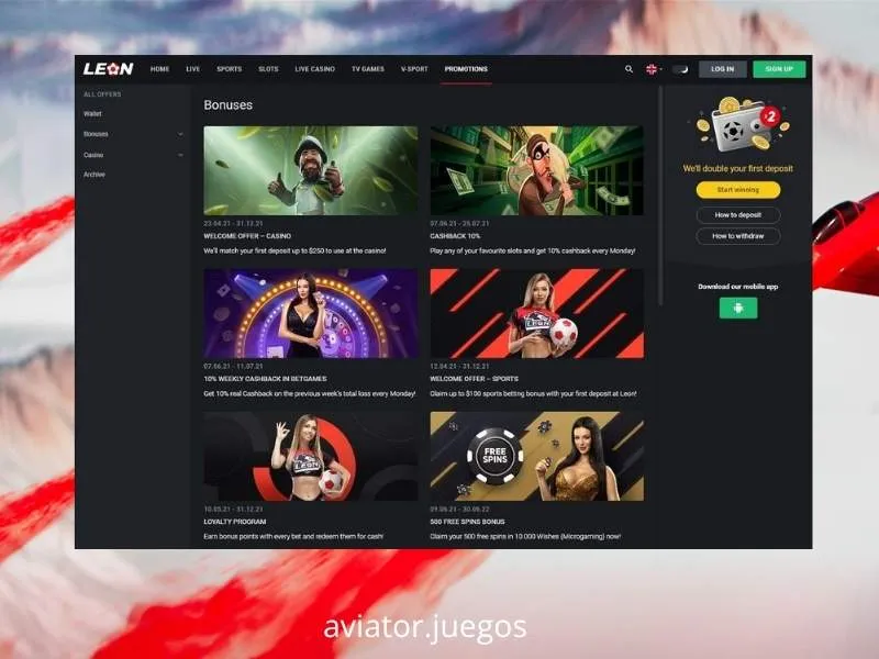 Detalhes do bónus progressivo em três depósitos, aplicável ao jogo «Aviator» no Leon Casino