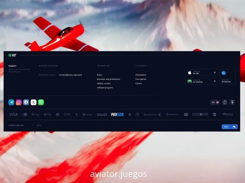 Ecrã principal do Aviator da Spribe na plataforma Lucky Star mostrando o avião vermelho e o multiplicador em tempo real