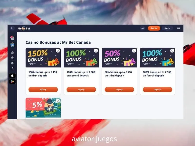 Pacote de 4 depósitos do Mr Bet até 1500 EUR com wagering x45 aplicável ao Aviator em 2026