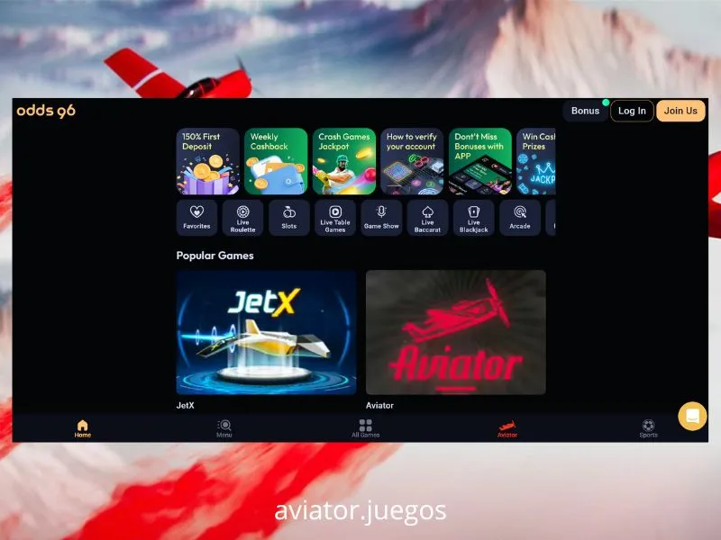 O Aviator está disponível no casino Odds 96