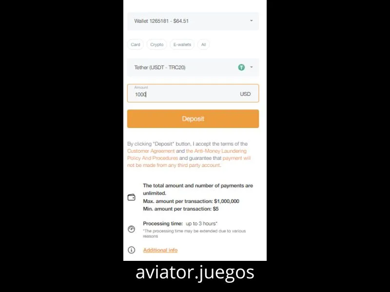 Proceso de retirar premios de Aviator a un monedero Tether USDT propio