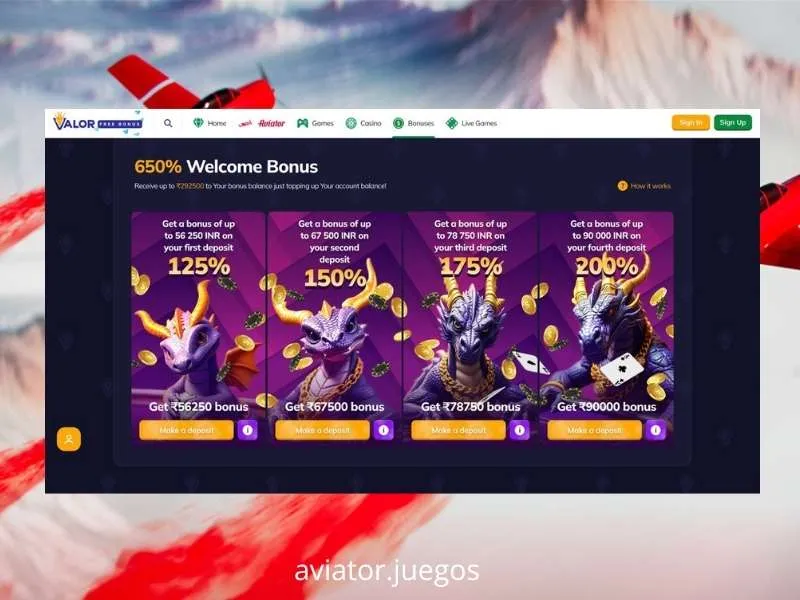 Pacote de boas-vindas escalonado até 650 por cento distribuído por quatro depósitos para jogadores de Aviator