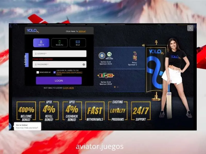 Página inicial do casino online Yolo247 com secção dedicada ao jogo Aviator da Spribe
