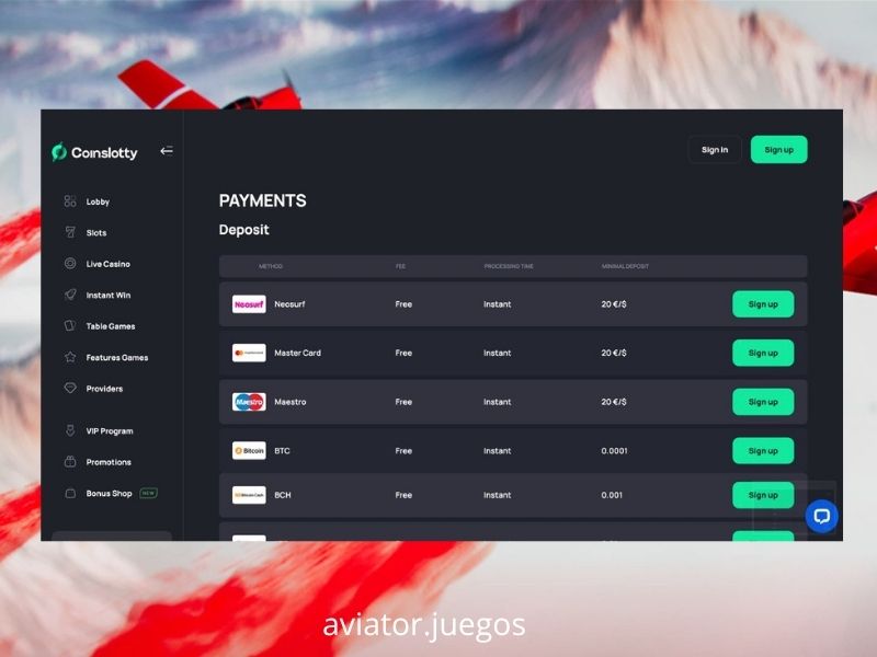 Empezar a jugar a Aviator en Coinslotty